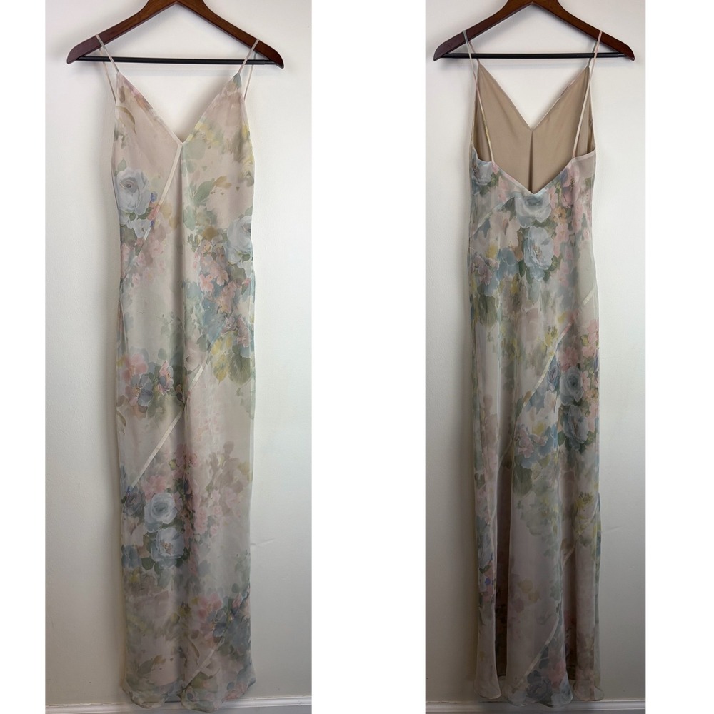 Vintage 90s Laundry Shelli Segal Slip Dress 10 Watercolor Floral Maxi Bias Cut